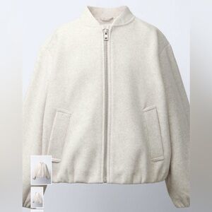Zara Bomber Cream Zip-Up Jacket cropped. Round Neck Pockets Light Grey Large